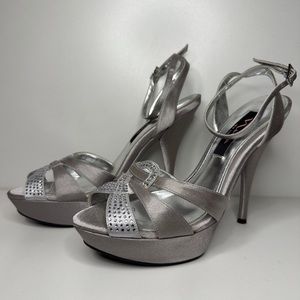 Nina Silver Satin Rhinestone High Heel Shoes.